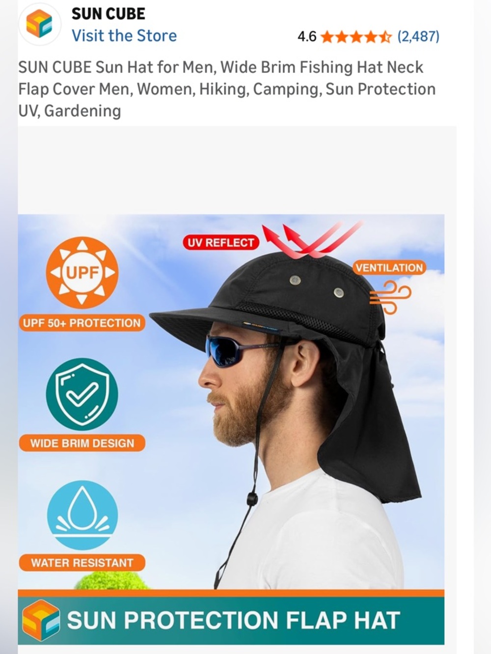 SUNCUBE Men s Black Sun Protection Flap Hat - Wide Brim